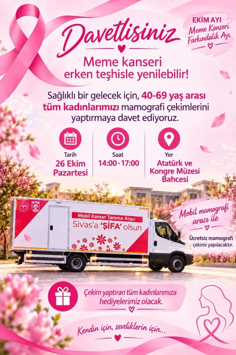 Sivas Valiliği'nin 26 Ekim ücretsiz mamografi taraması duyuru afişi, mobil kanser tarama aracı