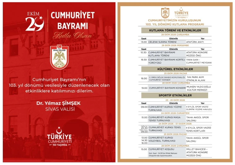Sivas Valiliği 29 Ekim Cumhuriyet Bayramı 103. yıl kutlama programı afişi