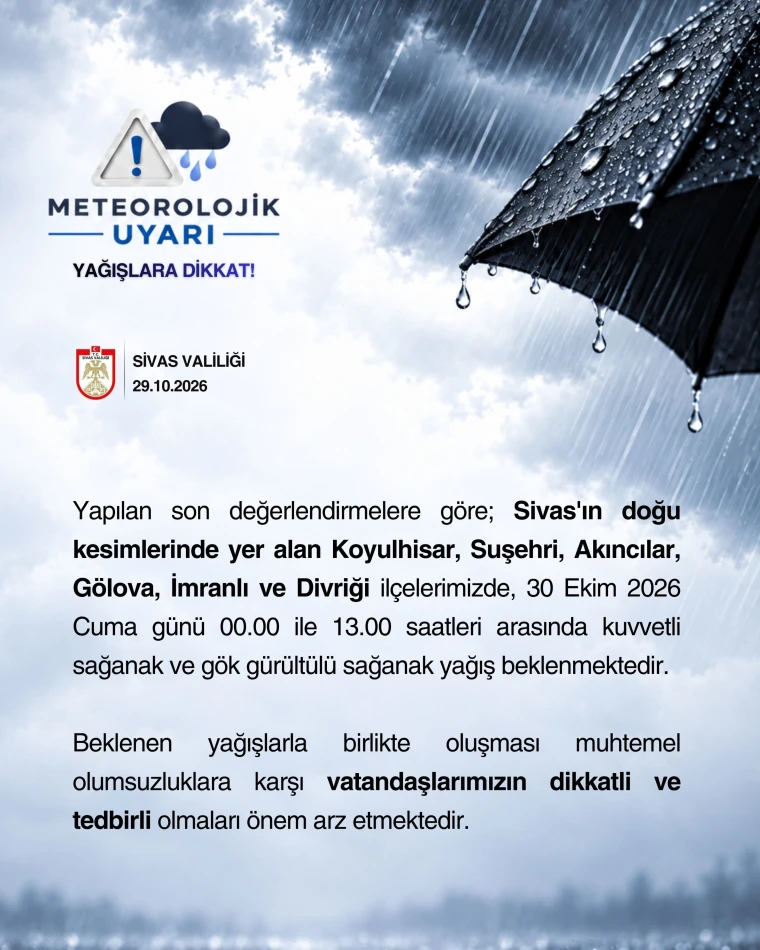 Sivas Valiliği'nin 29 Ekim 2026 tarihli meteorolojik uyarı görseli